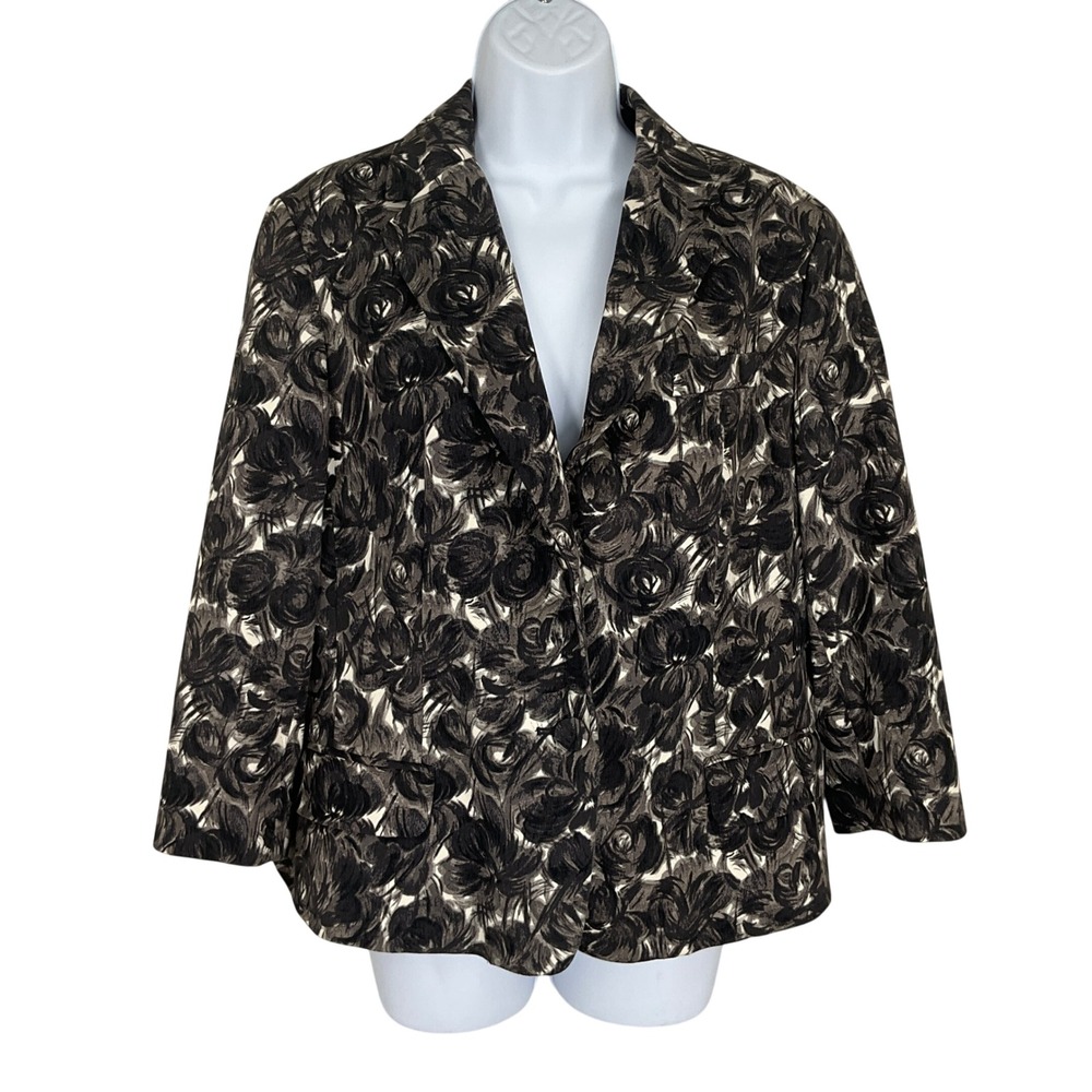 Talbots Blazer Womens 14 Black Floral Cotton Spandex Lined Classic Jacket